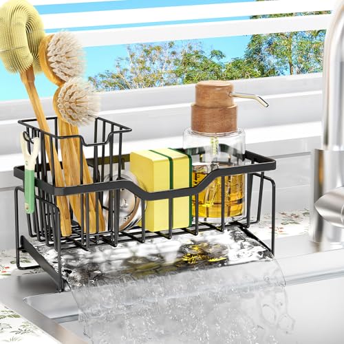 StorageRight Kitchen Sink Caddy Organizer, Rustproof Sponge Holder for Kitchen Sink, Instant Dry High Brush Holders with Drain Tray, Anti-Slip Storage Organization Essentials, Black - color: Black