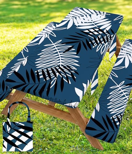 Picnic Table Cover with Bench Covers Tablecloth Glamping Essentials Gear Table Cloth Outdoor Summer Motorhome Cool Fun Unique Ideas Gifts for Camper Camping Lovers RV Owner Family Couple Dad Men Male - color: Blue White Leaves, size: 72in