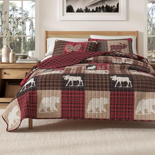 Great Bay Home Lodge Quilt Set - 3-Piece King/California King Size Rustic Bedding Set - Lightweight, All-Season, Reversible Bedspread (Hemlock Red/Brown) - color: Hemlock Red/Brown, size: King / California King