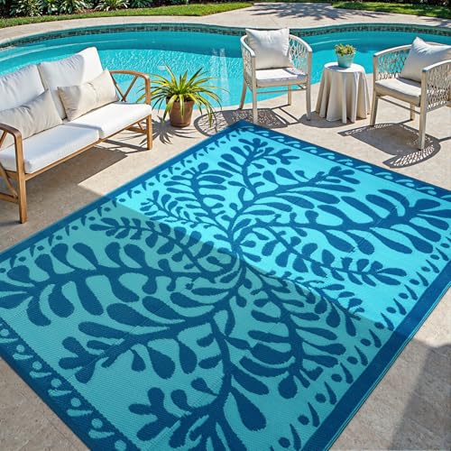 Anidaroel 8x10 Outdoor Rug for Patios Clearance, Waterproof Camping Rug for Outside RV, Reversible Plastic Straw Outside Rugs, Large Outdoor Area Rug for Garden, Camper(Blue,8’x10’) - color: Blue Waterweed, size: 8' x 10' (Rectangular)