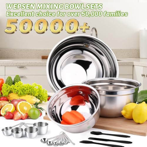 WEPSEN Mixing Bowls Set, 25PCS Stainless Steel Mixing Bowl with Lid Set, Large Nesting Bowls 7, 4.5, 3,2, 1.5QT, Measuring Cups and Spoons Baking Utensils Metal Bowl for Kitchen Prep - color: Black Bowls Set