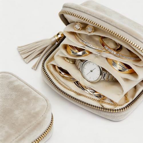 Small Travel Jewelry Pocket Case with Zipper for Women | 6-Layer Soft Velvet Organizer Pouch, Anti-Scratch Portable Bag for Bracelets, Rings, Earrings & Necklaces, Use&Gift (White) - color: White