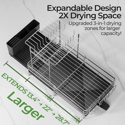 Large 2 Tier Dish Drying Rack, Extendable Dish Rack, Stainless Steel Anti-Rust Dish Rack for Kitchen Counter, Multifunctional Dish Drainer with Utensil & Cup Holder, 13.4"-28.7" L x 11.8" W - color: Silver, size: 2 Tier