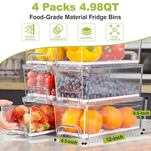 4-Pack Refrigerator Drawer Organizer Bins, Clear Stackable Pull Out Fridge Organizers and Storage Container, with Strainer Layer for Fruits, Vegetables, Drinks, Snack and Food - size: 4 Pack