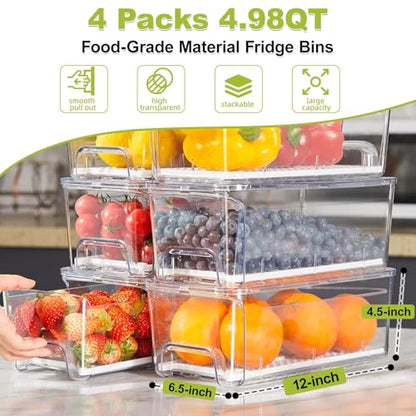 4-Pack Refrigerator Drawer Organizer Bins, Clear Stackable Pull Out Fridge Organizers and Storage Container, with Strainer Layer for Fruits, Vegetables, Drinks, Snack and Food - size: 4 Pack