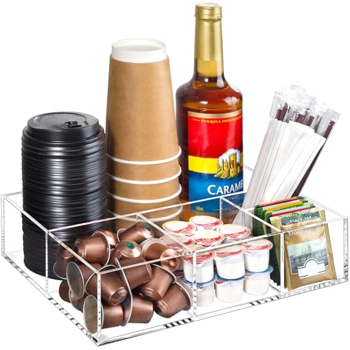 BEYGORM Acrylic Coffee Bar Station Organizer for Countertop,Office Breakroom Clear Snack Tea Storage Accessories Holder for Kcup Pod Condiment Cup Sugar Creamer Syrup, Gift for Coffee Lovers - size: Medium