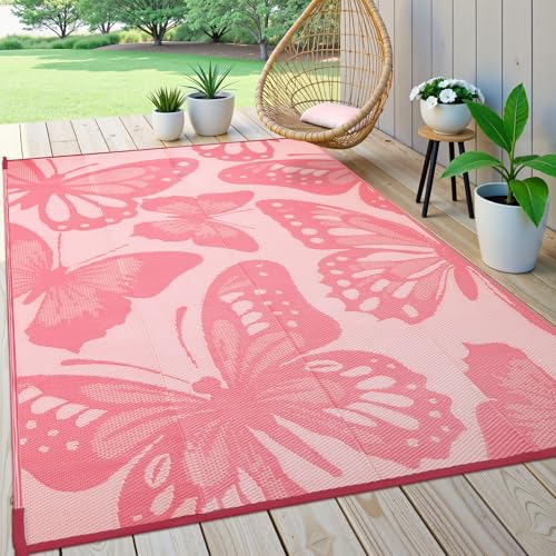 Uphome Outdoor Rug Waterproof 8x10 ft, Patio Plastic Straw Rugs for RV Camping, Reversible Mat Outside, Indoor Outdoor Large Floor Carpet for Back Yard Deck Balcony Porch Beach Picnic, Pink - color: Pink, size: 8' x 10' (Rectangular)