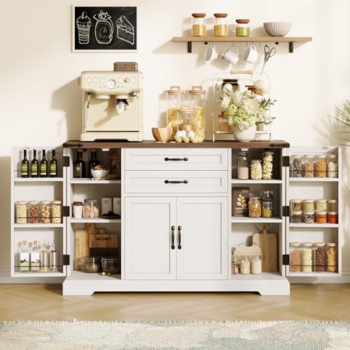 Vabches Sideboard Buffet Cabinet with 2 Drawers, Farmhouse Kitchen Pantry with Adjustable Shelves, Coffee Bar Cupboard Cabinet with 4 Doors for Kitchen & Dining Room