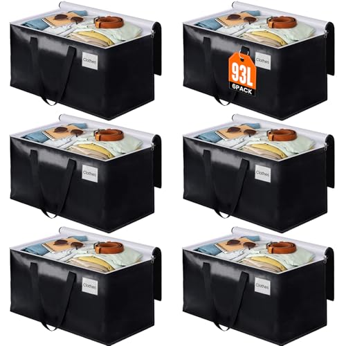 BlissTotes Collapsible Moving Bags - Heavy Duty Boxes with Zippers and Handles, Space Saving Packing Totes for Moving Supplies Storage (93L, 6-Pack, Black) - size: 93L