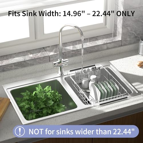 JAQ Over Sink Dish Drying Rack, Expandable 14.96"–22.44" Adjustable Dish Rack for Kitchen Sink, 304 Stainless Steel Dish Drainer with Utensil Holder, Space Saving for Most Standard Kitchen Sinks - size: 304 Stainless Steel - 11 dishes