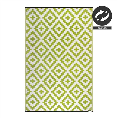 FH Home Outdoor Rug - Waterproof, Fade Resistant, Reversible - Premium Recycled Plastic - Geometric - Large Patio, Deck, Sunroom, Camping, RV - Aztec - Green & White Crease Free - 6 x 9 ft - color: Aztec - Green & White, size: 6' x 9' (Rectangular)