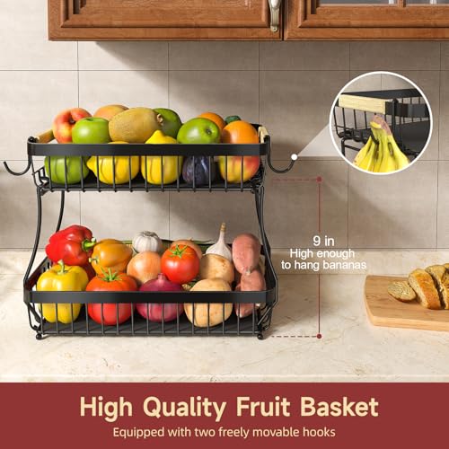 Sevenblue 2 Tier Large Fruit Basket for Kitchen Counter with 2 Mobile Banana Hangers, 2026 Pro Detachable Metal Fruit Bowl with Wooden Handle (Black, 2 Tier Extra Large) - color: Black, size: 2 Tier Extra Large