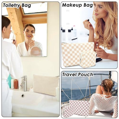Fammart Checkered Makeup Bag, Travel Cosmetic Bag Organizer Toiletry Bag Make Up Bags with Zipper & Compartments for Women Girls - color: Checkered - Khaki