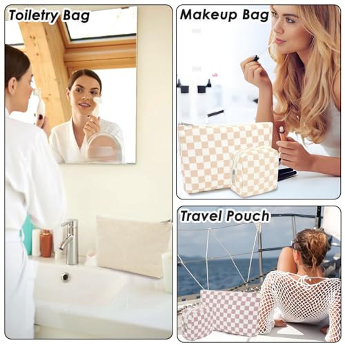 Fammart Checkered Makeup Bag, Travel Cosmetic Bag Organizer Toiletry Bag Make Up Bags with Zipper & Compartments for Women Girls, 2PCS - color: Checkered, 2PCS - Khaki