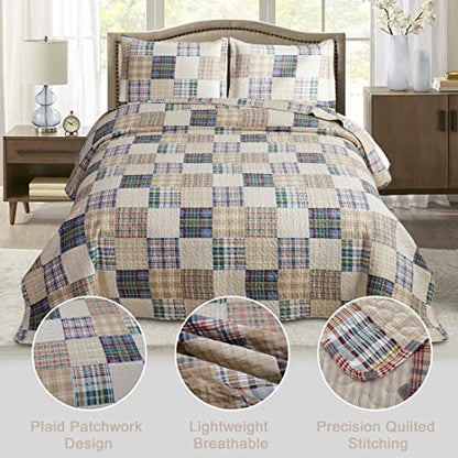 Plaid Bedspread Quilt Set Twin Size - Patchwork Bedding Mens Collection Lightweight Reversible Coverlet With Pillow Shams, Beige - color: Beige Plaid, size: Twin