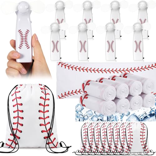 Woanger 24 Pcs Baseball Mini Handheld Fan Cooling Set 8 Small Personal Portable Fan 40''x 12'' 8 Baseball Cooling Towel 8 Drawstring Bags Summer Sport Party Favors Team Game Gift, Battery Not Include - color: White, style: Baseball