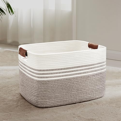 60L Large Laundry Basket with Leather Handles for Living Room Storage, Woven Rope Baskets Bin for Blanket, Kids Toy, Gifts, Wicker Hamper for Bedroom Dirty Clothes, 21"x15"x11" Dark Brown - color: Dark Brown, size: 60L