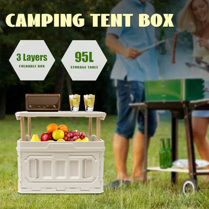 Folding Storage Box, Outdoor Portable Campings Tent, PP Folding Box Table Equipment, Camping Box with Wooden Cover 95L for Camping,Home,Car Trunk, White
