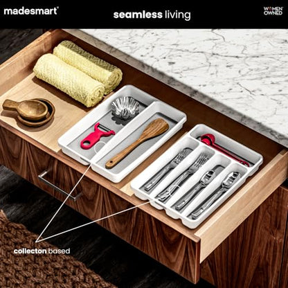 madesmart Small Silverware Tray, Compact 5 Compartment Flatware Organizer for Forks, Knives & Spoons, Non Slip, Soft Grip Lining, Fits Small Drawers, White - color: White