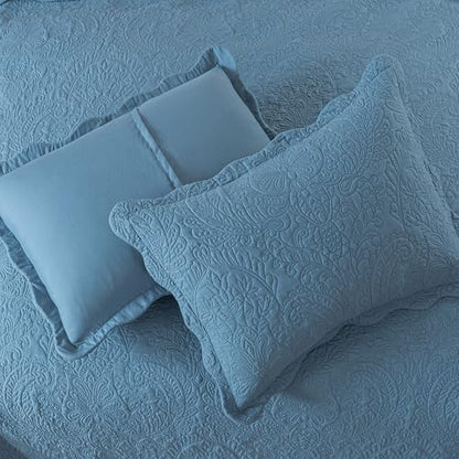 HoneiLife Queen Quilt Bedding Sets - Lightweight Bedspreads 3-Piece, Microfiber Quilt Sets Reversible Coverlets Rustic Bed Cover Damask Pattern Bedding Sets All Season Use - color: Dusty Blue, size: Queen/Full-90"x96"