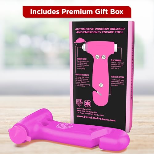 Swiss Safe 5-in-1 Emergency Car Safety Hammer – Car Window Breaker & Seatbelt Cutter, Heavy-Duty Escape Tool for Vehicle Emergencies and Auto Kits – Pink, 1 Pack - color: Pink, size: 1-Pack