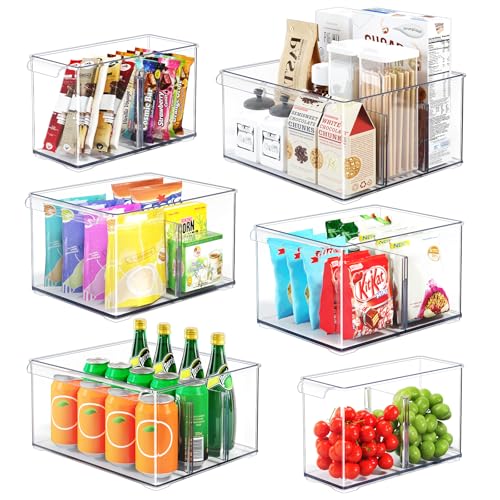 Clear Plastic Storage Bins with Dividers for Fridge Pantry Organizers and Storage Containers, 6 Pack Large Acrylic Stackable Sturdy Storage Boxes for Home Edit and Cabinet Organizers C6-4 - style: 2 Small+2 Large+2 Extra Large