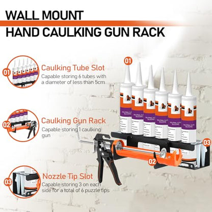 Siligun Caulking Gun Rack, Grease Gun Holder, Wall Mount Silicone Caulking Tools, Work Van Organizers And Storage Tube For Workshop Holds 6 Caulking Tubes And Caulking Nozzle (Black)