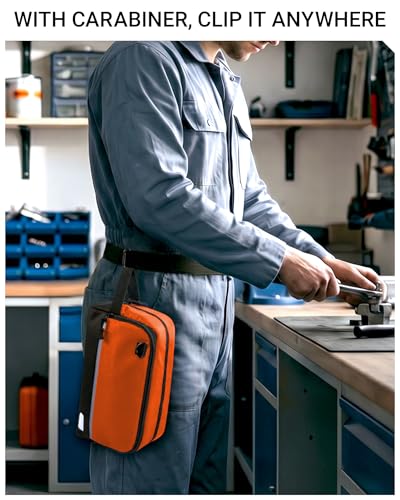 2 Pack Small Tool Bags Zipper Pouch for Organizing, with Adjustable Shoulder Strap & Carabiner, Utility Small Tool Pouch with Multi Pocket Compartments and Label Area (12" & 10") - color: Orange 2 Pack