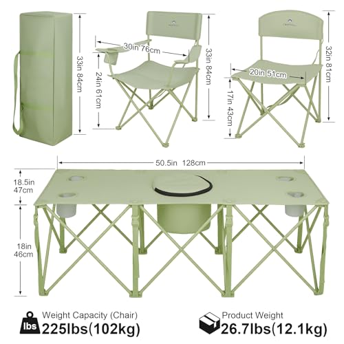 Camping Chair Set of 3, Outdoor Folding Camping Chairs for Heavy People with Cup Holder & Carry Bag,Collapsible Chair Include One Sofa Chair and Two Single Chair,Support up to 500lbs - color: Light Green-5pcs