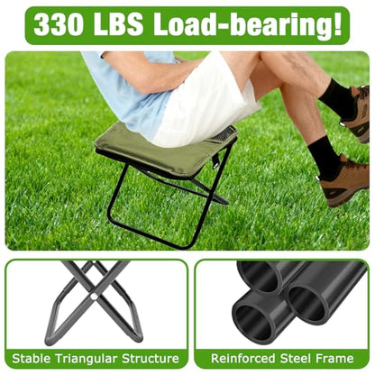 Portable Ultralight Collapsible Camping Stool,Stool Folding Chair,Lightweight Handy Fishing Stool 350 LB,Backpack Pocket Stool for Hiking Picnic Travel with Sunglass Bag and Magnetic Hat Clip - color: Green+large