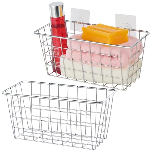 JUNCHU CHERRY 2 Pack Hanging Storage Basket, Bathroom Basket, Household Goods, with Traceless Tape, no Drilling, for Cabinet Storage, Kitchen, Bathroom, Storage Room,Chrome - color: 2 Chrome