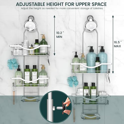 Shower Caddy Hanging Adjustable Shower Caddy, Rustproof Shower Organizer Extended Length Showers Caddy Over Shower Head with Hooks Soap Holder, Large Capacity Anti-Swing Bathroom Organizer, Silver - color: Silver