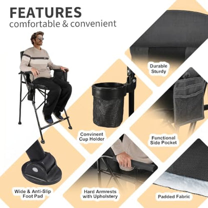 LANMONTAIN 2 Pack Tall Folding Camping Chairs,30.7'' Seat Height Portable Hard Arm Bar Chairs w/Cup Holder,Side Mesh Pocket and Footrest,Heavy Duty Support 350 Lbs Comfy Director Chairs,Dark Grey - color: Dark Grey&grey 2 Pack