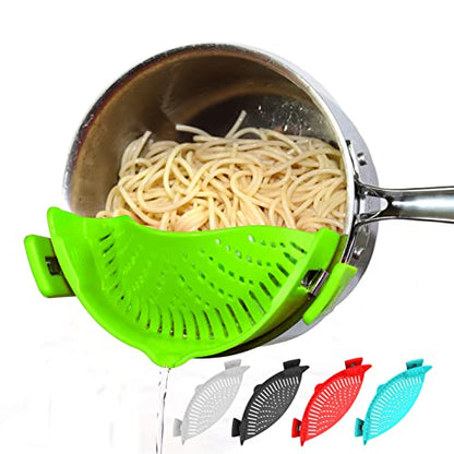 Arlig Clip On Pasta Strainer Silicone Universal Fit for all Pots and Bowls Snap On Drainer for Meat, Vegetables, Fruit Colander for Kitchen Easily Drain Food Space Saving - color: Green