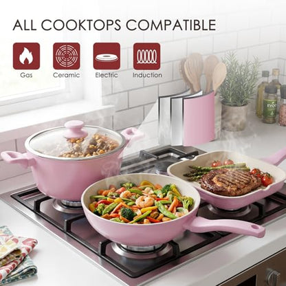 Kikcoin Pots and Pans Set Non Stick 31 Piece Kitchen Nonstick Cooking Cookware Sets with Grill Pan Saucepan Baking Sheet Utensil, Pink - color: Pink&White