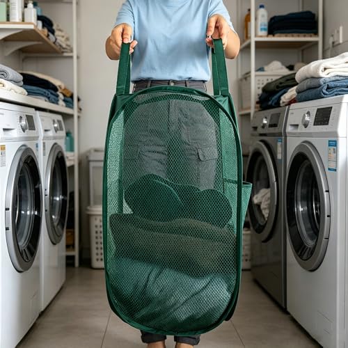 Larpur Pop Up Laundry Hamper Collapsible Laundry Basket, Portable Mesh Clothes Hamper, Dark Green - color: Dark Green