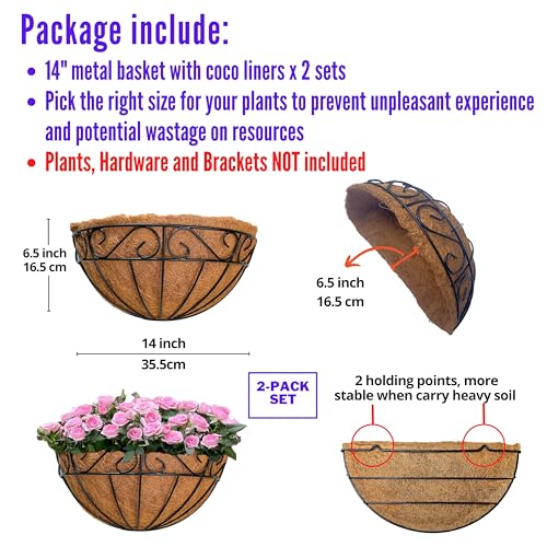 LaLaGreen Large Wall Planter Outdoor - 2 Pack, 14 Inch Large Fence Hanging Flower Baskets with Coco Liner, Herb Pots Holder Rail Planter Outside Railing Deck Porch Balcony Vertical Garden Privacy Wall - size: 14" (35.5cm) x 2 Pack