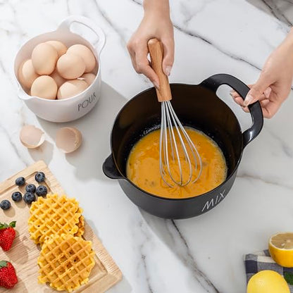 Rae Dunn Non-Slip Mixing Bowls - 4 Piece Nesting Plastic Mixing Bowl Set with Pour Spouts and Handles-Measurement Markings (Black) - color: Black