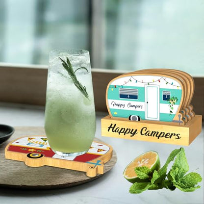 4Pcs RV Camper Coasters Set, Camper Decor, Bamboo Coasters Set Suitable for Kinds of Cups, Modern Style Coasters for Coffee Table, Camping Gifts for Camper Lovers Women Men