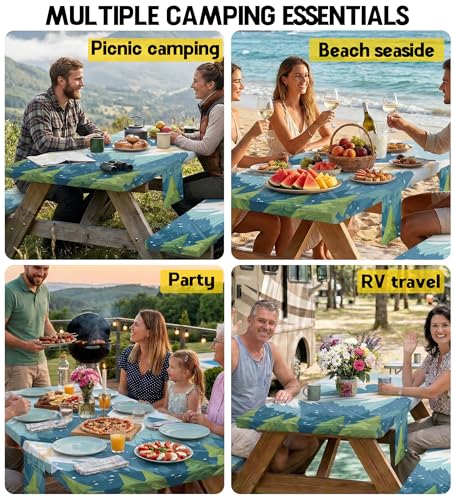 Picnic Table Cover with Bench Covers Waterproof Vinyl Elastic Rectangle Fitted Table Cloth Camping Lovers Essentials Rv Car Travel Overlanding Outdoor Roadtrip Road Trip Men Women Camper Gifts 8 Foot - color: Blue mountains, size: 96in