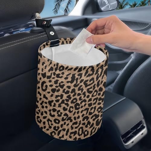 Renewold Car Trash Can, Leopard Print Animal Fur Texture Car Trash Bag, Automotive Garbage Cans with Button Straps, Foldable Trash Bin, Organizer Bag for Storage Tissure Toys Snacks Drinks - color: Leopard Print Animal Fur Texture