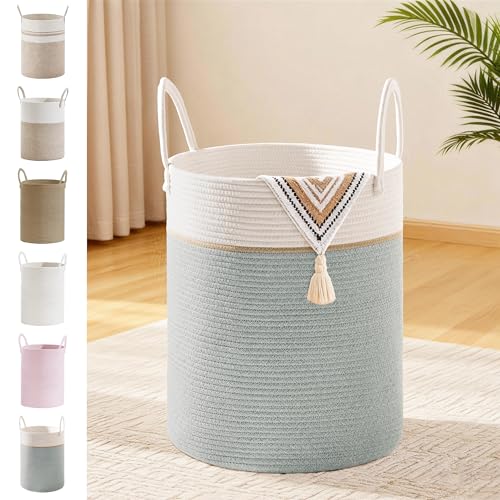 53L Tall Cotton Rope Laundry Basket with Handles, Sage Green | Storage Bin for Clothes, Blankets & Kids Toys, Boho Woven Hamper, Portable Organizer for Nursery, Bedroom, Living Room - color: Sage Green, size: 53L