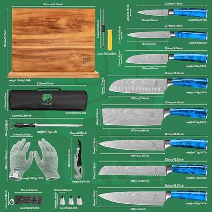 FULLHI 15pcs Japanese Knife Set with Magnetic Knife Block Holder, Japan Stainless Steel Blades, Blue Resin Ergonomic Handles for Professional and Home Cooking - color: Blue, size: Magnetic Block Knife set