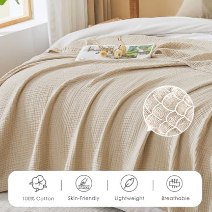 EMME Cotton Muslin Large Throw Blanket Couch Breathable Gauze Soft Lightweight Bed Blankets Adults (Heather Beige, 50"x70") - color: 03 - Beige, size: Large Throw (50" X 70")