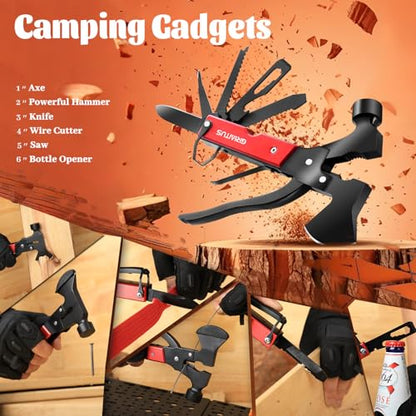 Multitool Camping Accessories Gifts for Men Survival Gear 18 in 1 Camping Multi Tool with Axe Hammer Saw Screwdrivers Pliers Bottle Opener Stocking Stuffers Gifts for Men Dad Him - color: Red