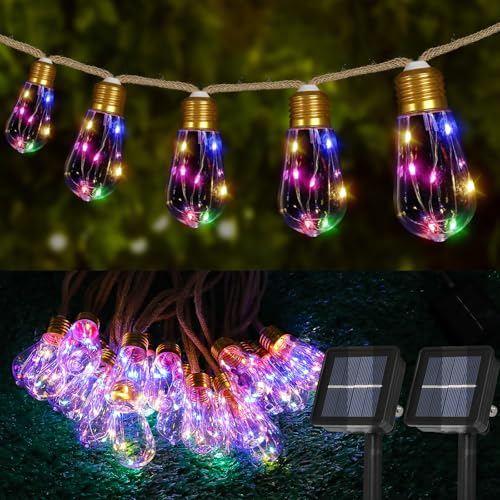 Solar Outdoor String Lights 2Pack 24FT Vintage Rope Hemp Solar Lights with 20 Shatterproof Bulbs,8 Modes Solar Powered Lights with Memory Function, Waterproof for Fence,Balcony,Yard(Multicolor) - color: Multicolor, size: 48ft