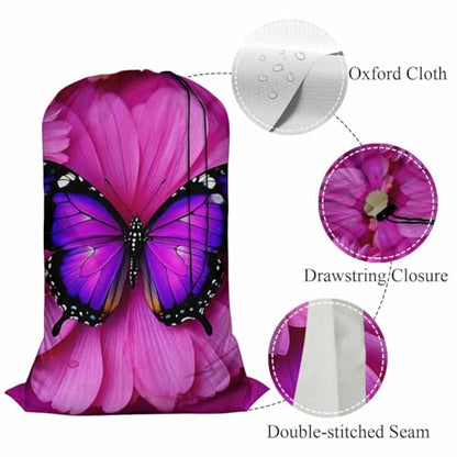 Swono Laundry Bag with Drawstring Closure Purple Butterfly, Foldable, Compact, Lightweight, 28" X 40" Beautiful Animal Wings Floral Petal Packable Dirty Clothes Bag for Home Dorm, Camp, Road Trip - color: Purple Butterfly