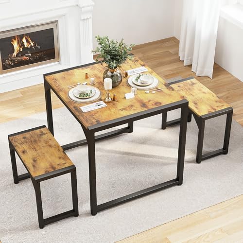 Gizoon Dining Table Set for 2, Kitchen Table Set for 2 with Steel Frame, Kitchen Table with 2 Benches for Small Space, Space Saving Design for Restaurant, Living Room, Retro - color: Retro, size: seat for 2