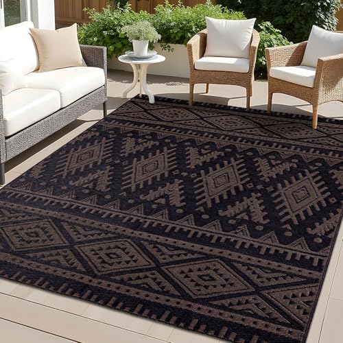 OLANLY Outdoor Rug Waterproof 5x8 ft, Reversible Outdoor Plastic Straw Rug, Boho Patio Rug, Indoor Outdoor Carpet, RV Mat Outside for Patio, Camp, Picnic, Balcony, Deck, Backyard, Black & Brown - color: Black & Brown, size: 5' X 8' (Rectangular)