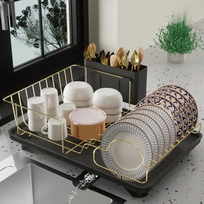 Buruis Dish Drying Rack for Kitchen Countertop, Large Capacity Gold Stainless Steel Dish Drainer with Anti-Slip Rubber Feet, Removable Drain Board and Utensil Holder (Black Tray) - color: Black Drainer